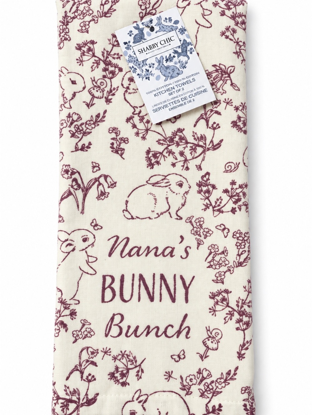 Shabby Chic Nana’s Bunny Bunch 2 Pc Kitchen Towel Set Floral NWT